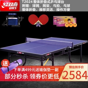 红双喜(DHS)乒乓球桌T2系列标准比赛乒乓球台室内健身训练折叠式球台滚轮移动款