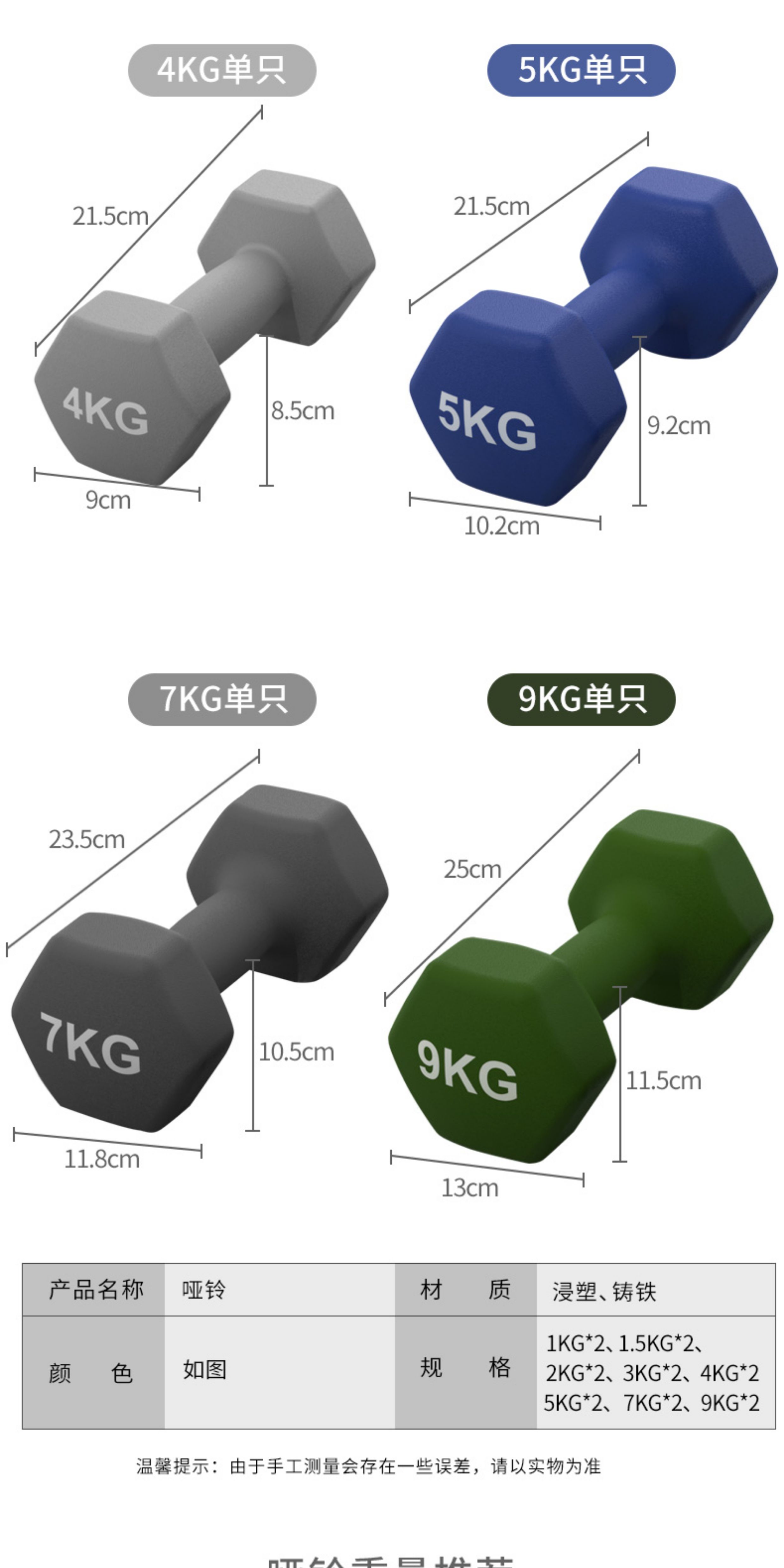 铁人体育浸塑哑铃儿童男女士家用家庭健身练手臂练臂肌铸铁一对(图8)
