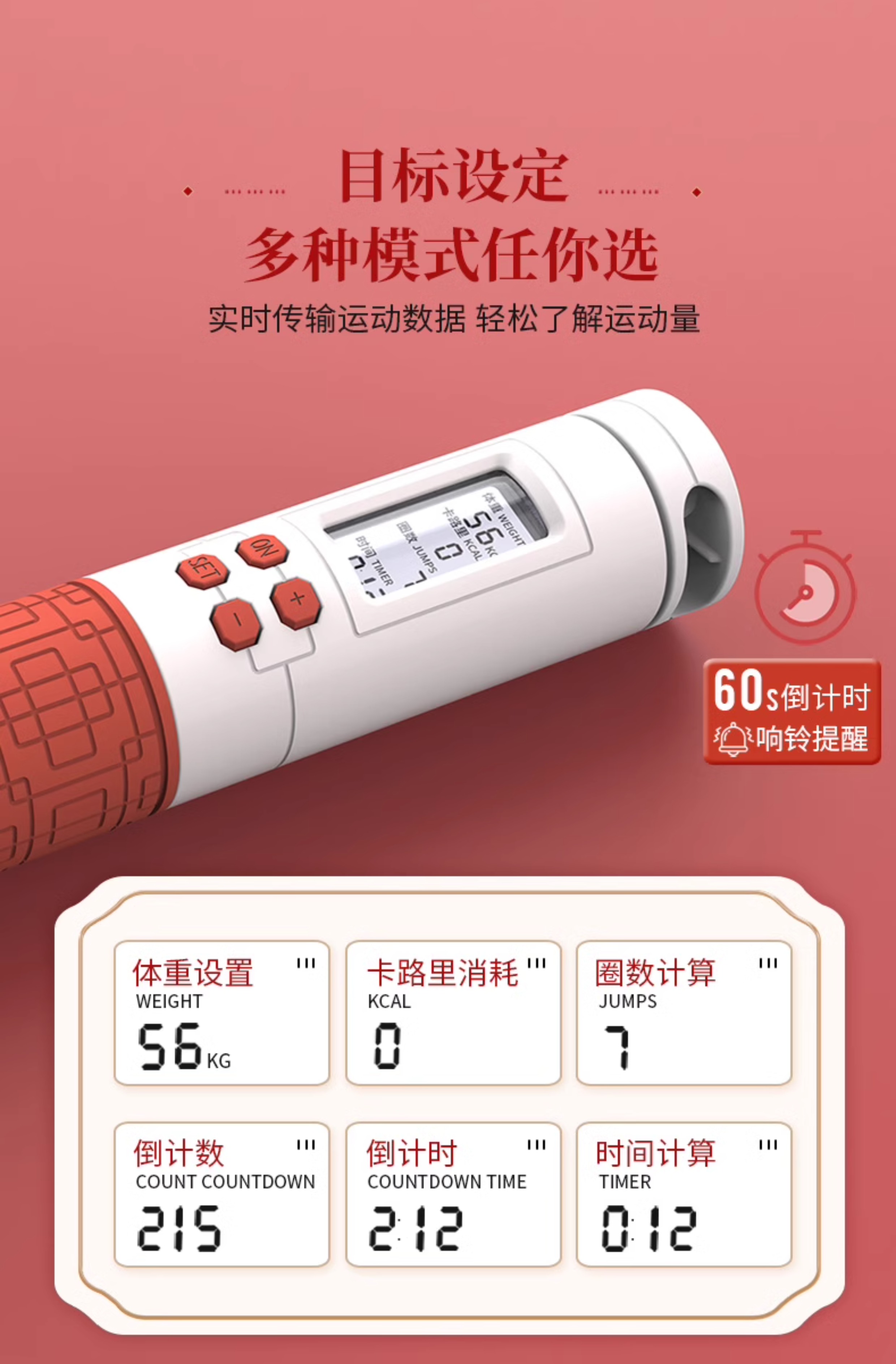 铁人体育跳绳健身减肥运动大人成人钢丝电子计数专业绳中国红礼品(图10)